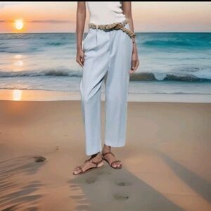 ZARA Women's Pants with Braided Belt(Sky-blue, US S/EUR S)